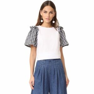 NEW Clu Ruffle Puff Short Sleeve Mix Media Top Black and White Gingham Print
